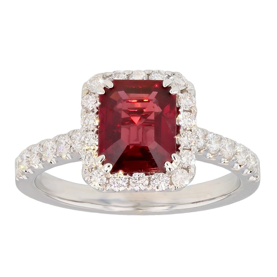 Emerald Cut Ruby in White Gold Halo Ring