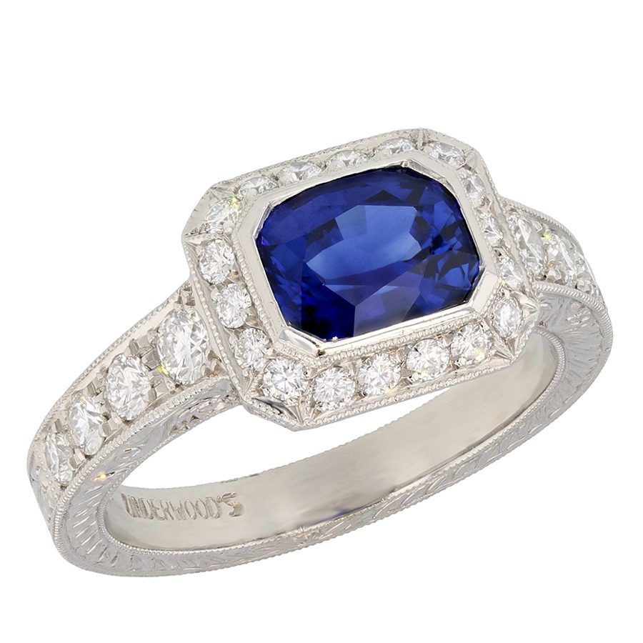 Rectangular Sapphire in Platinum Hand Engraved Ring