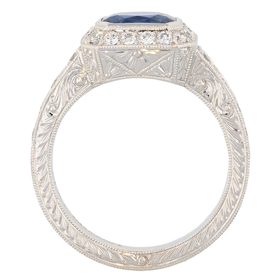Rectangular Sapphire in Platinum Hand Engraved Ring