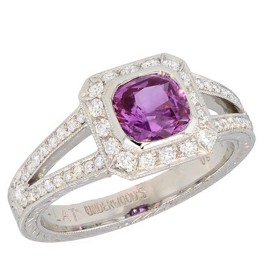 Pink Sapphire in Engraved Platinum Splitshank Ring