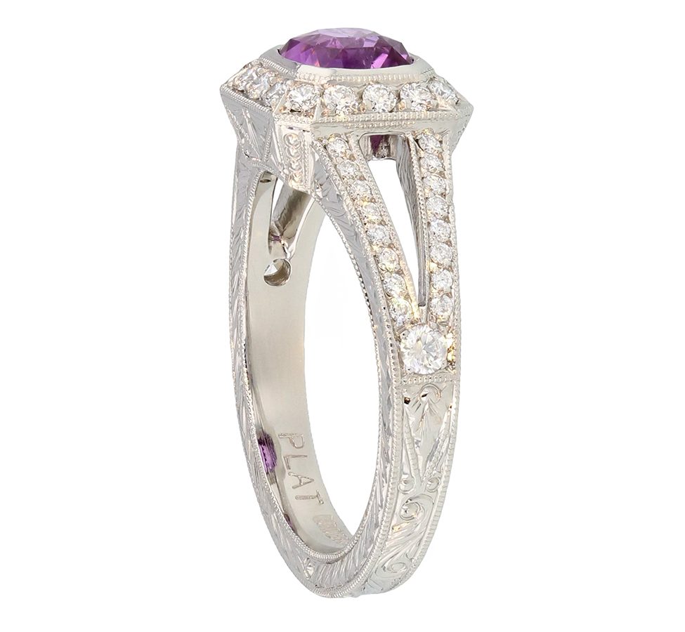 Pink Sapphire in Engraved Platinum Splitshank Ring