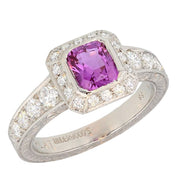Square Pink Sapphire in Engraved Platinum Ring