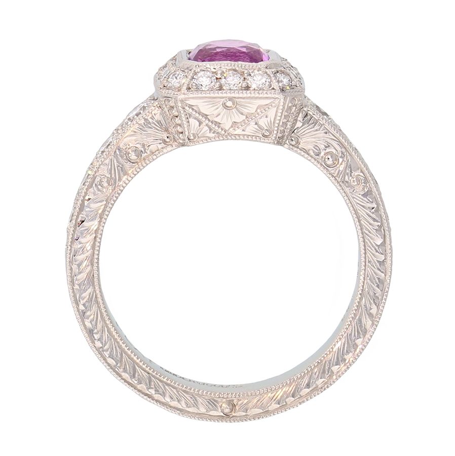 Square Pink Sapphire in Engraved Platinum Ring
