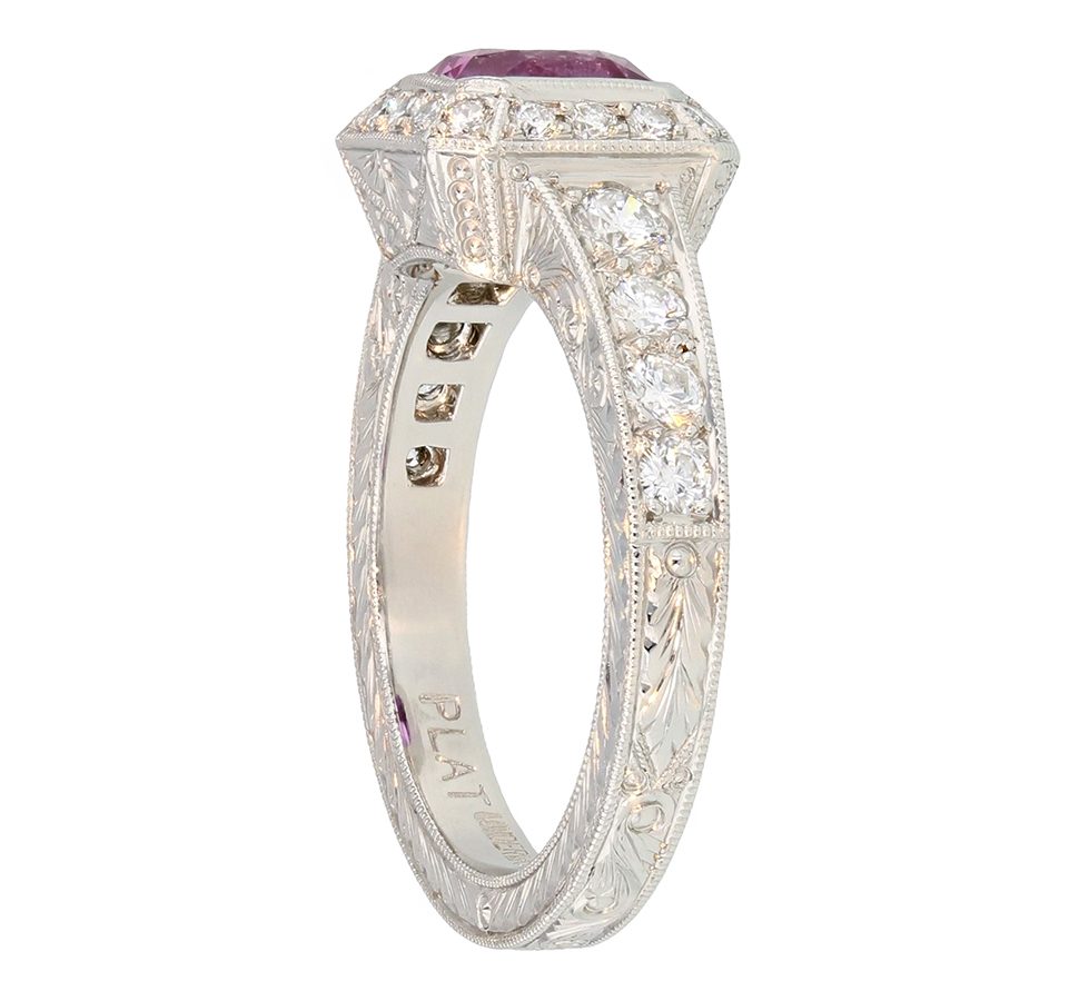 Square Pink Sapphire in Engraved Platinum Ring