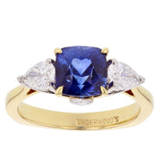Cushion Sapphire with Pear Shaped Diamonds in Yellow Gold Ring