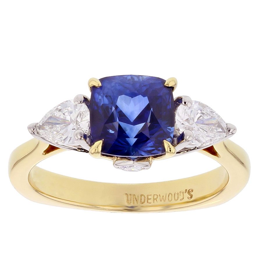 Cushion Sapphire with Pear Shaped Diamonds in Yellow Gold Ring