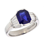 Emerald Cut Sapphire with Baguette Diamonds in Platinum Ring
