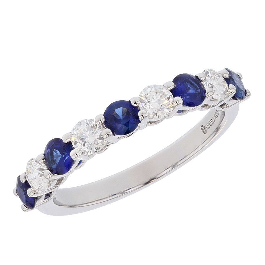 Round Diamonds and Blue Sapphires in White Gold Band