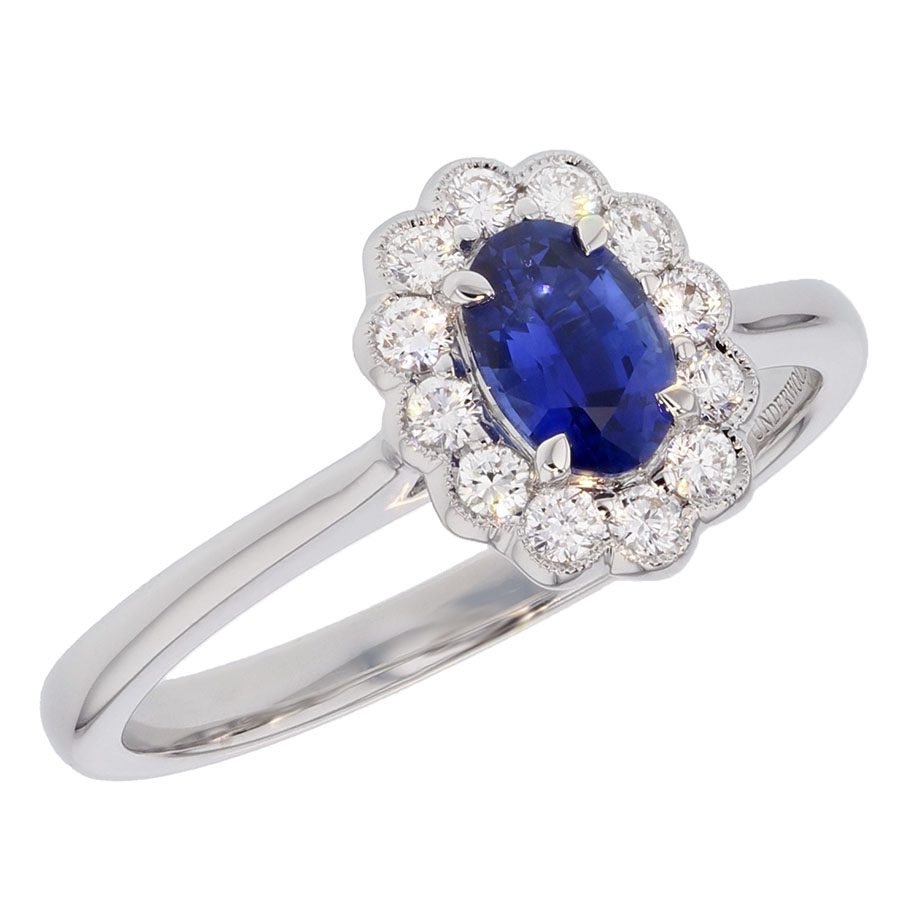 Oval Blue Sapphire in White Gold Halo Ring