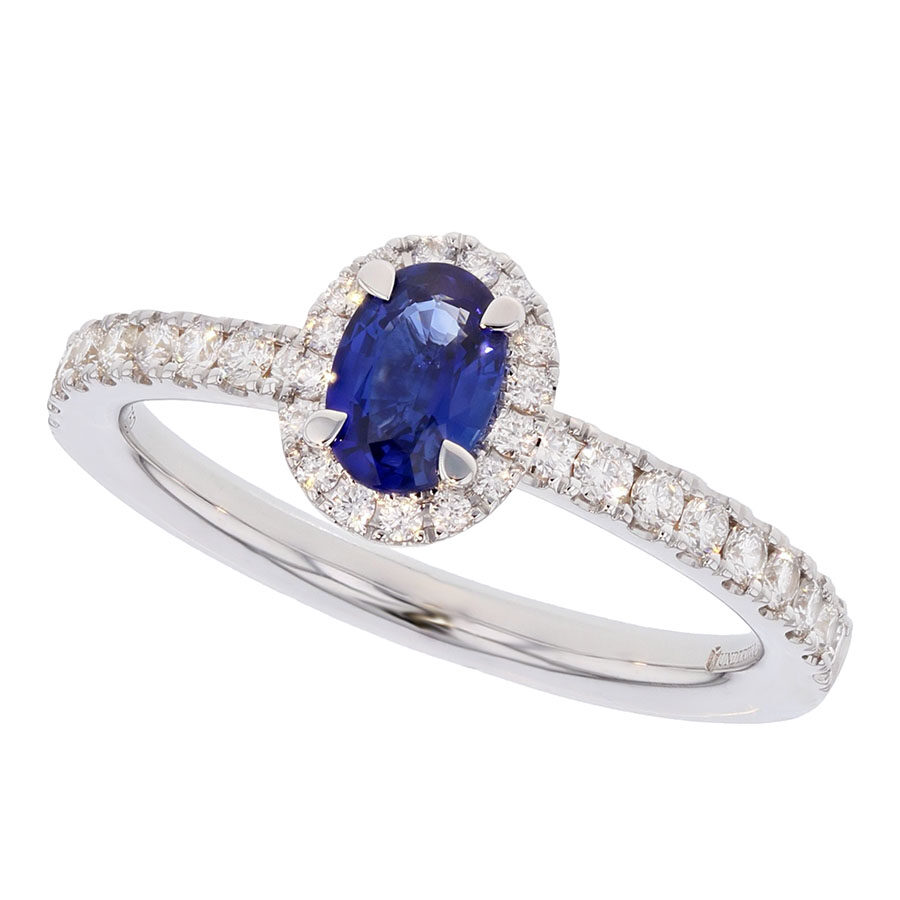 Oval Blue Sapphire in White Gold Halo Ring