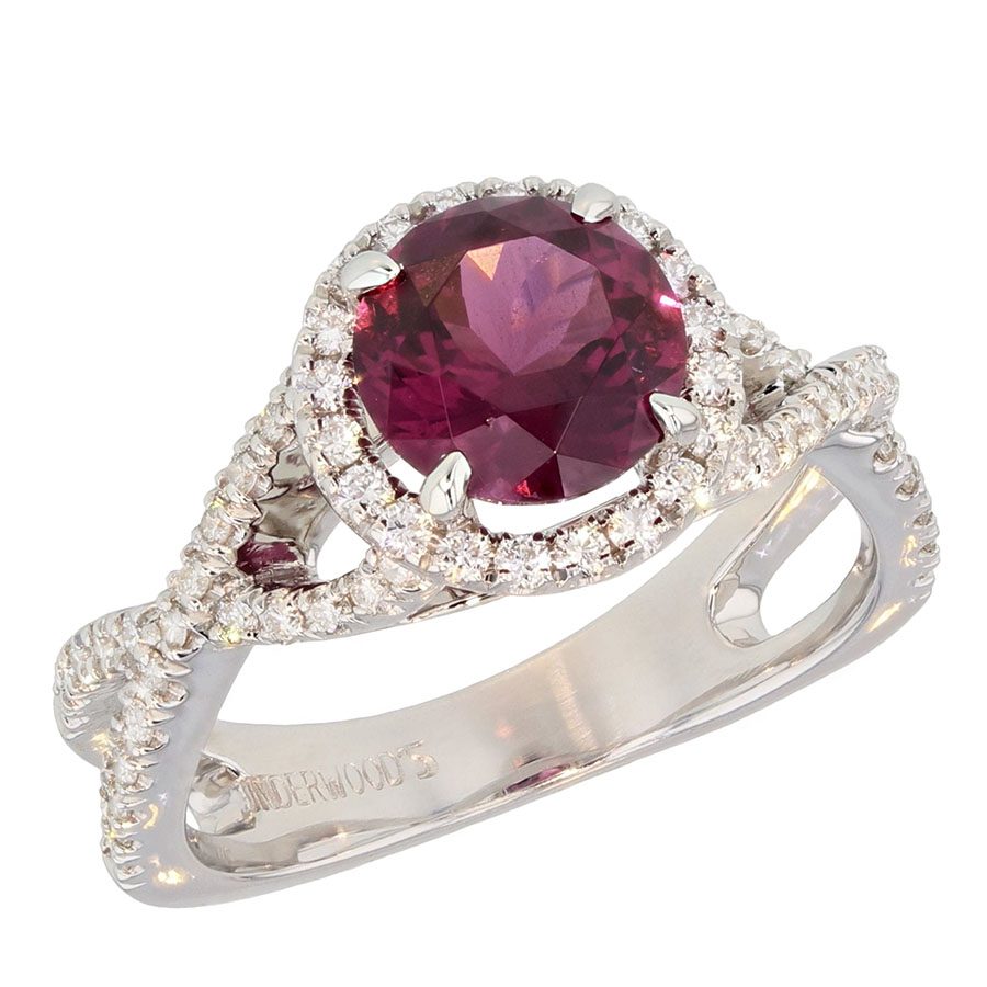Rhodolite Garnet in White Gold Diamond Halo Ring