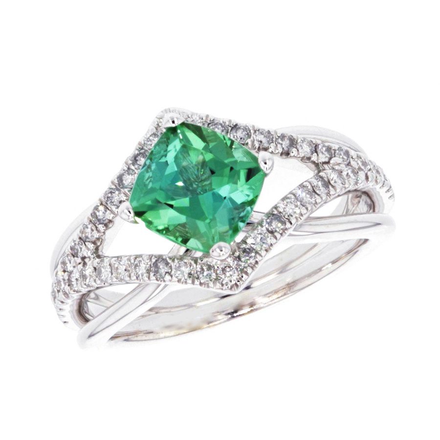 Square Green Tourmaline with Diamonds in White Gold Ring