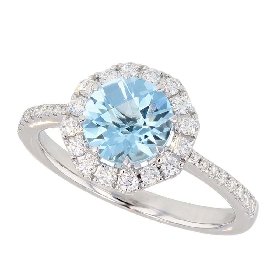 Round Blue Topaz with Octagonal Halo in White Gold Ring