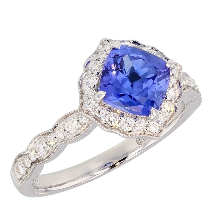 Square Cushion Tanzanite in White Gold Vintage Style Halo Ring