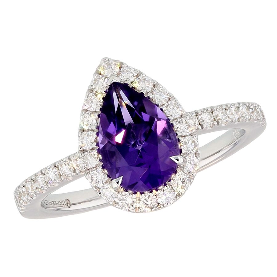 Pear Shape Amethyst in White Gold Halo Ring