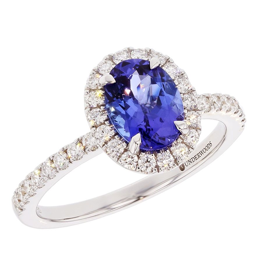 Oval Tanzanite in White Gold Halo Ring
