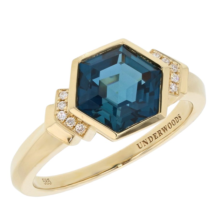 Hexagon Blue Topaz in Yellow Gold Ring
