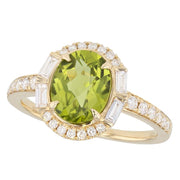 Oval Peridot with Baguettes in Yellow Gold Halo Ring