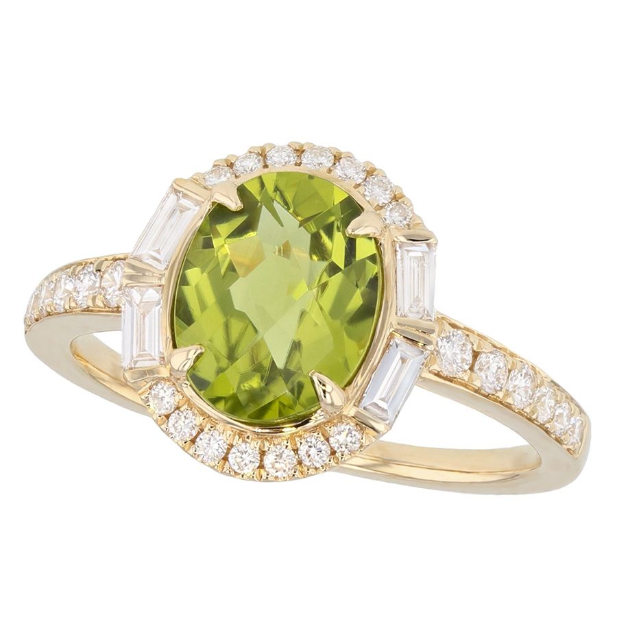 Oval Peridot with Baguettes in Yellow Gold Halo Ring