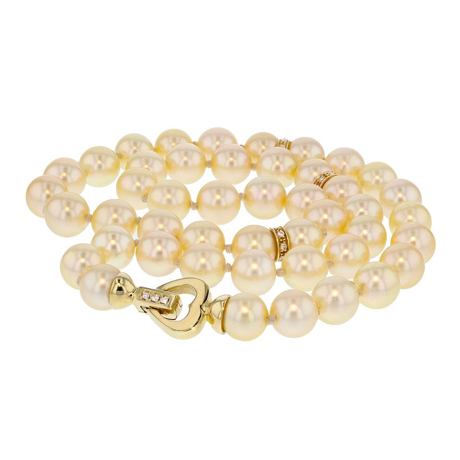 Dark Cream Color Akoya Pearls with Yellow Gold Diamond Clasp