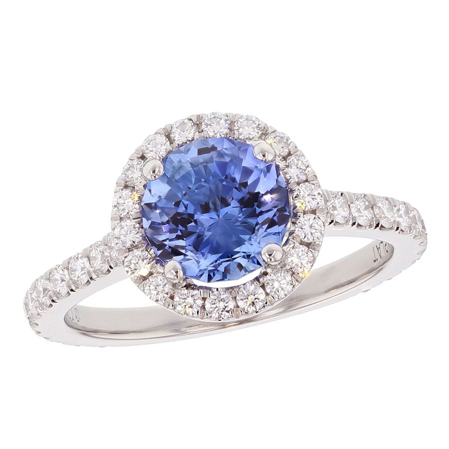 Round Blue Sapphire in Platinum Halo Ring