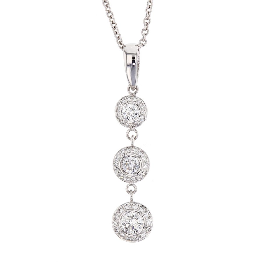 White Gold Three Diamond Halo Necklace