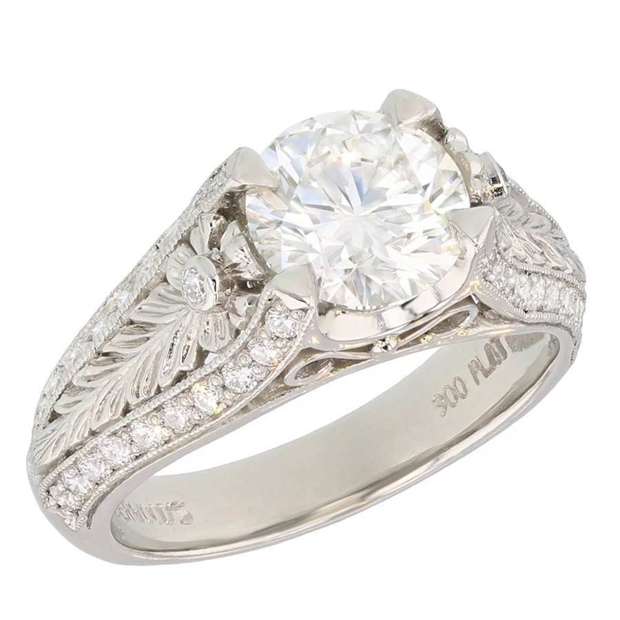 Round Diamonds in Engraved Platinum Ring