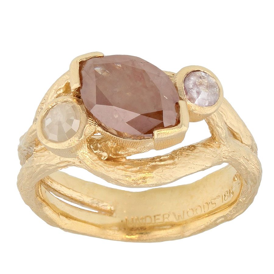 Opaque Diamonds in Yellow Gold "Bark" Textured Ring