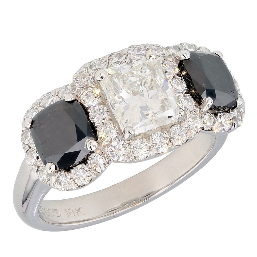Radiant White Diamond with Black Diamonds in White Gold Halo Ring