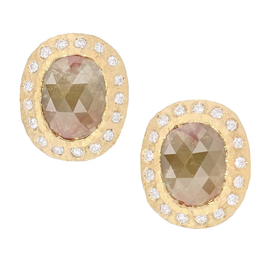 Opaque Diamonds in Hammered Yellow Gold Earrings