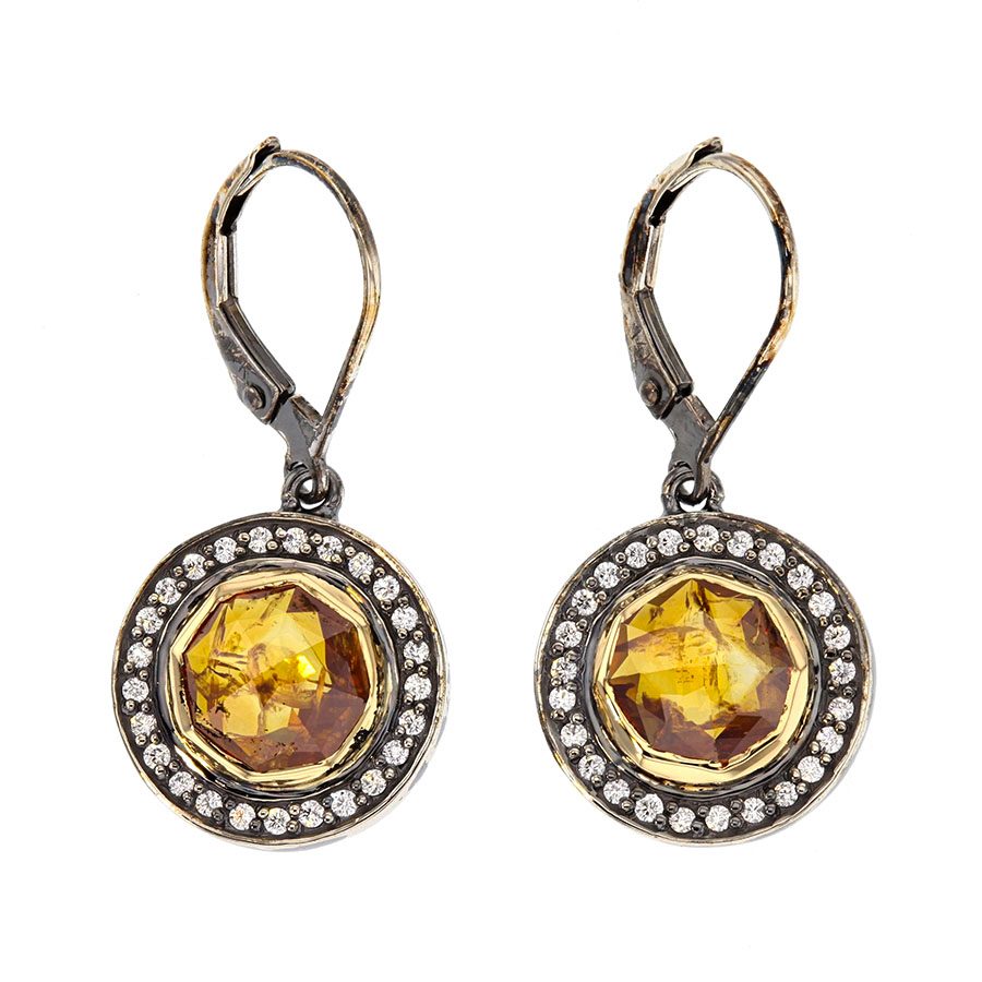 Rose Cut "Amber" Diamonds in Darkened White Gold Halo Earrings