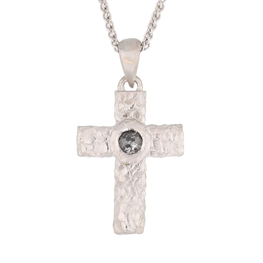 Opaque Diamond in Hammered White Gold Cross Necklace