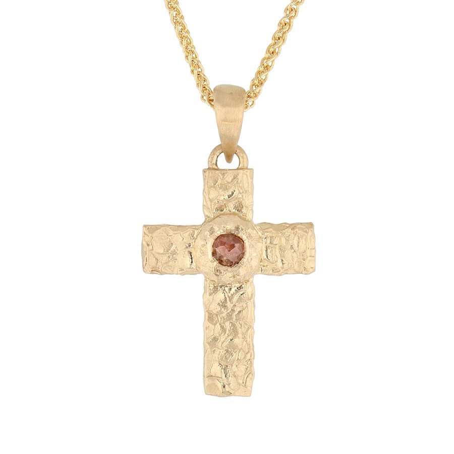 Opaque Diamond in Hammered Yellow Gold Cross Necklace