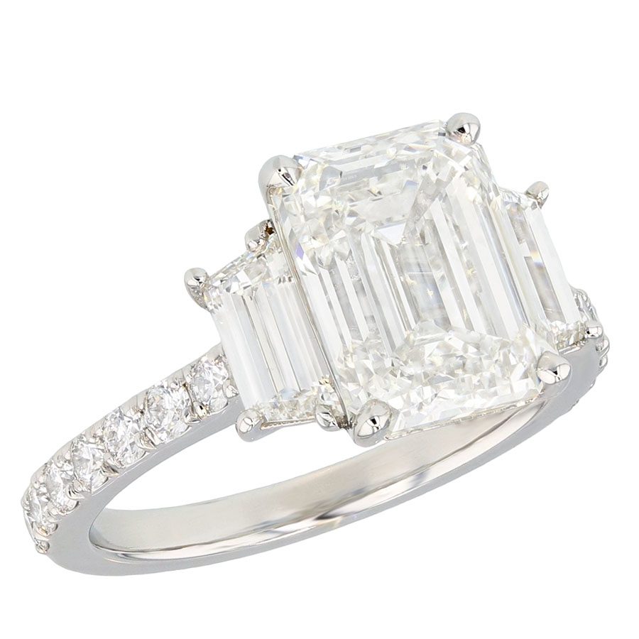 Emerald Cut and Trapezoid Diamonds in Platinum Ring
