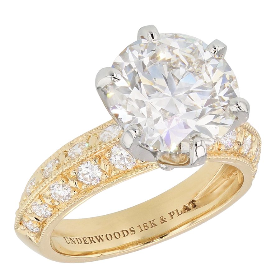 Large Round Diamond in Yellow Gold Milgrain Ring