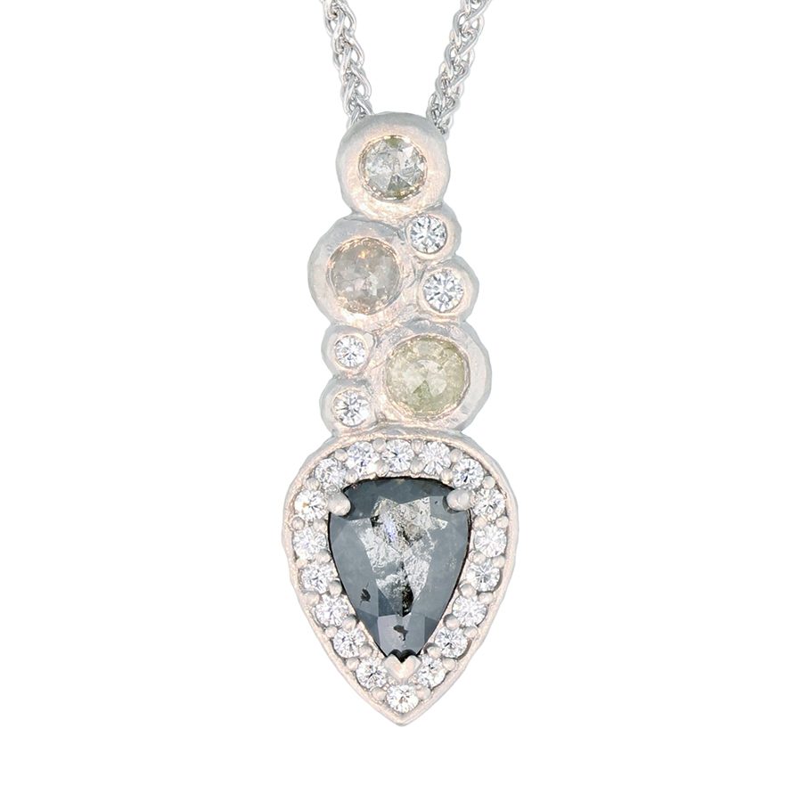"Salt and Pepper" Pear Shaped Diamond in Platinum Halo Pendant