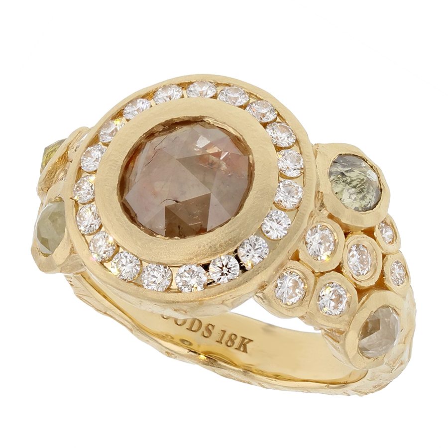 Opaque Diamonds in Hammered Yellow Gold Ring