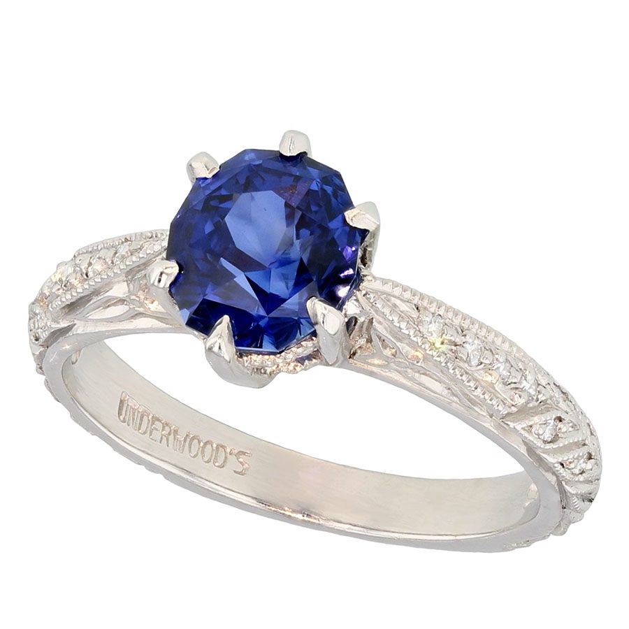 Oval Sapphire Engraved Platinum Ring
