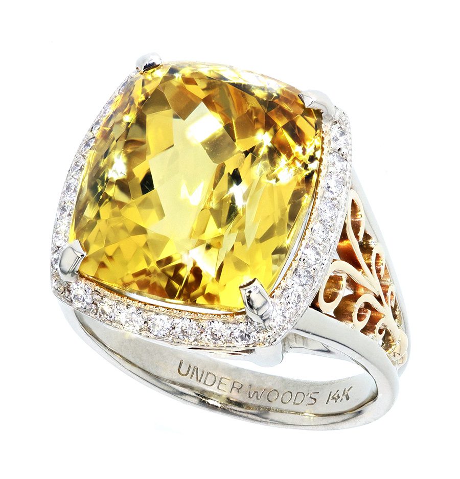 Golden Beryl with Diamonds in White and Yellow Gold Filigree Ring