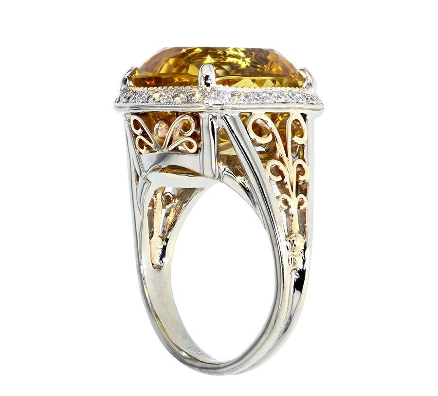 Golden Beryl with Diamonds in White and Yellow Gold Filigree Ring