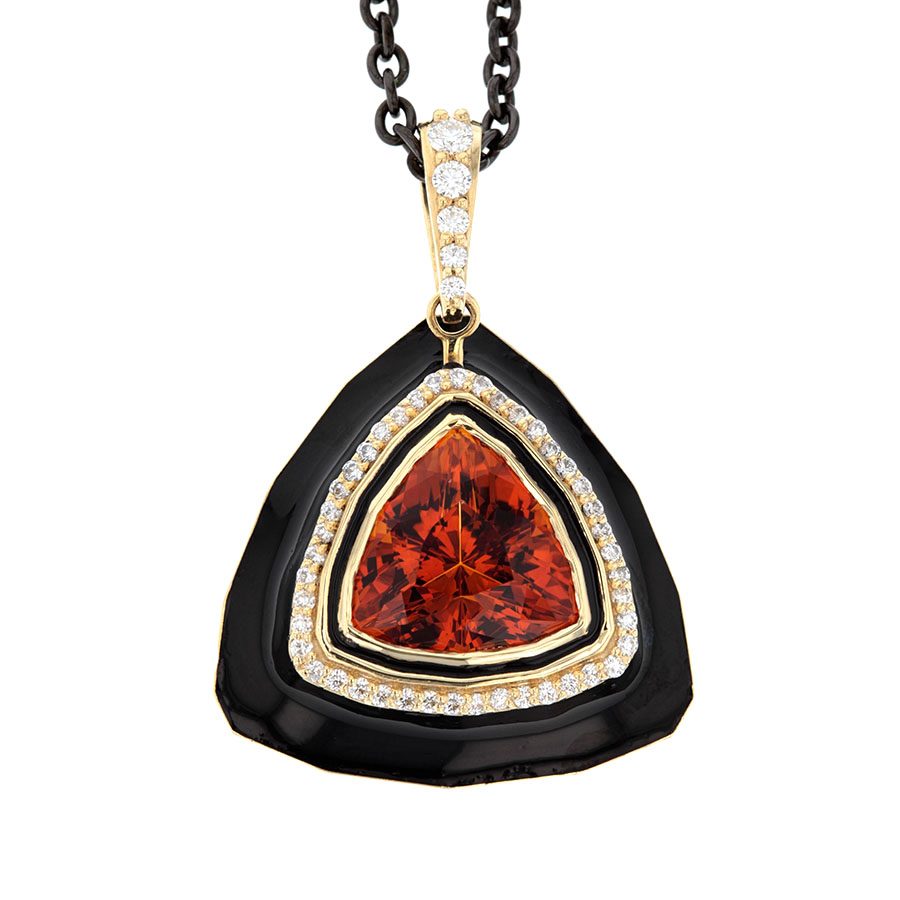 Triangular Orange Citrine in Yellow Gold with Black Enamel Pendant