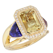 Golden Beryl, Tanzanite, and Pink Tourmaline Yellow Gold Halo Ring