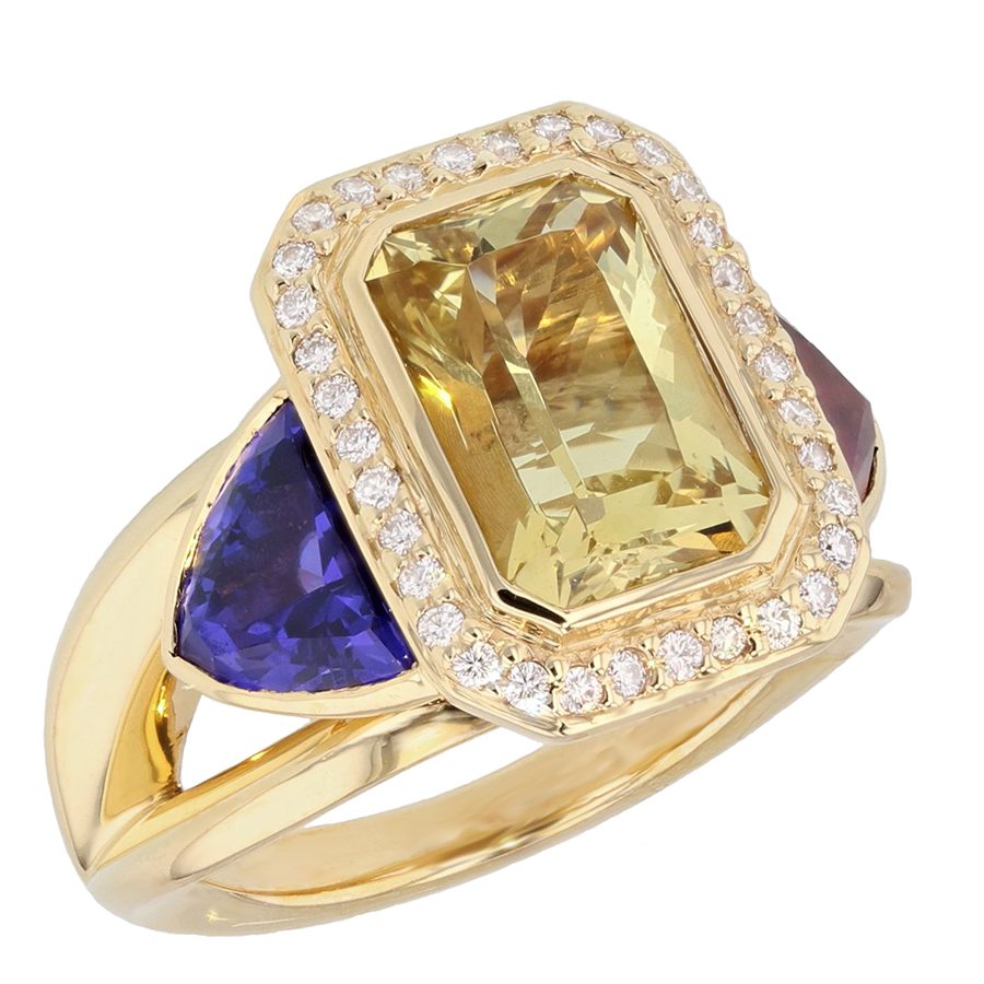 Golden Beryl, Tanzanite, and Pink Tourmaline Yellow Gold Halo Ring