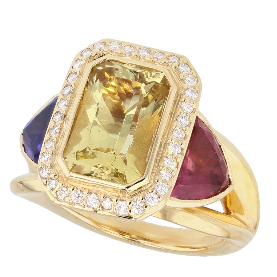 Golden Beryl, Tanzanite, and Pink Tourmaline Yellow Gold Halo Ring