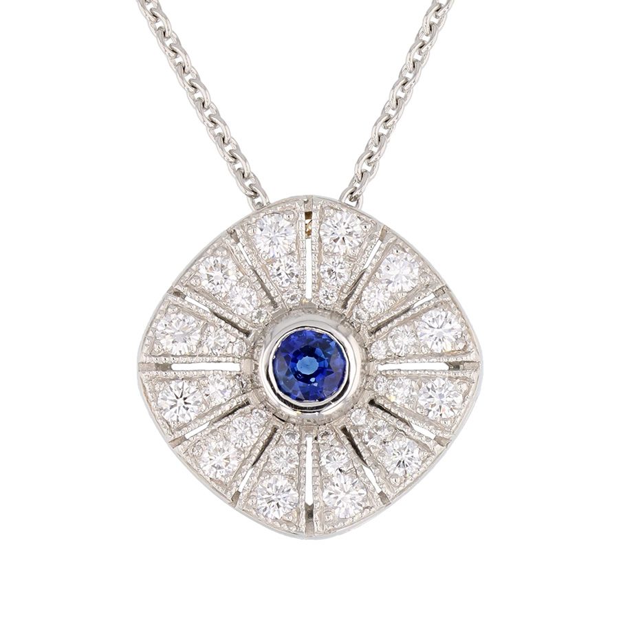 Round Blue Sapphire with Diamonds in Platinum Pendant