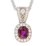 Oval Ruby with Diamonds in White and Yellow Gold Halo Pendant