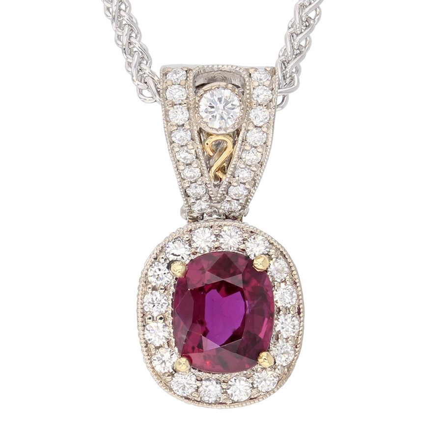 Oval Ruby with Diamonds in White and Yellow Gold Halo Pendant