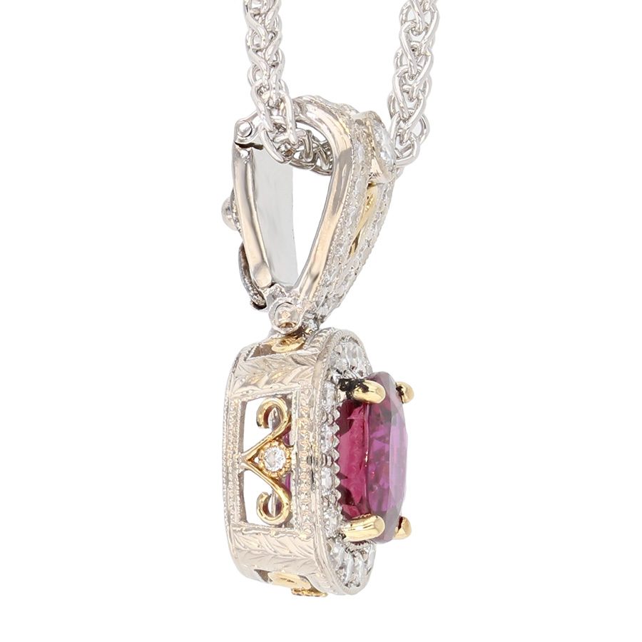 Oval Ruby with Diamonds in White and Yellow Gold Halo Pendant