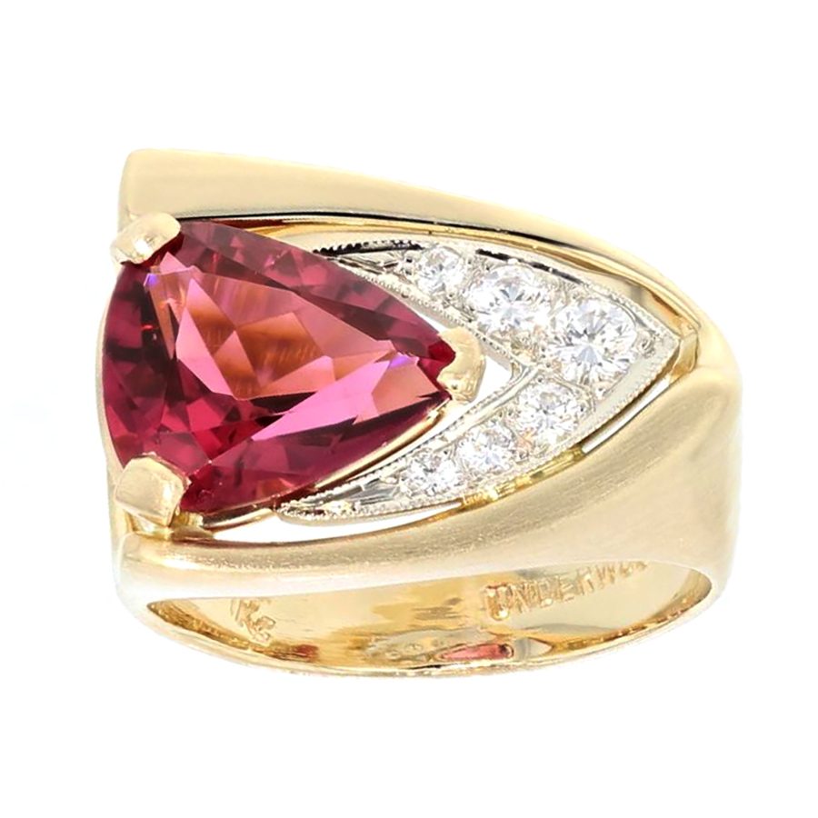 Triangular Pink Tourmaline in Yellow Gold Ring