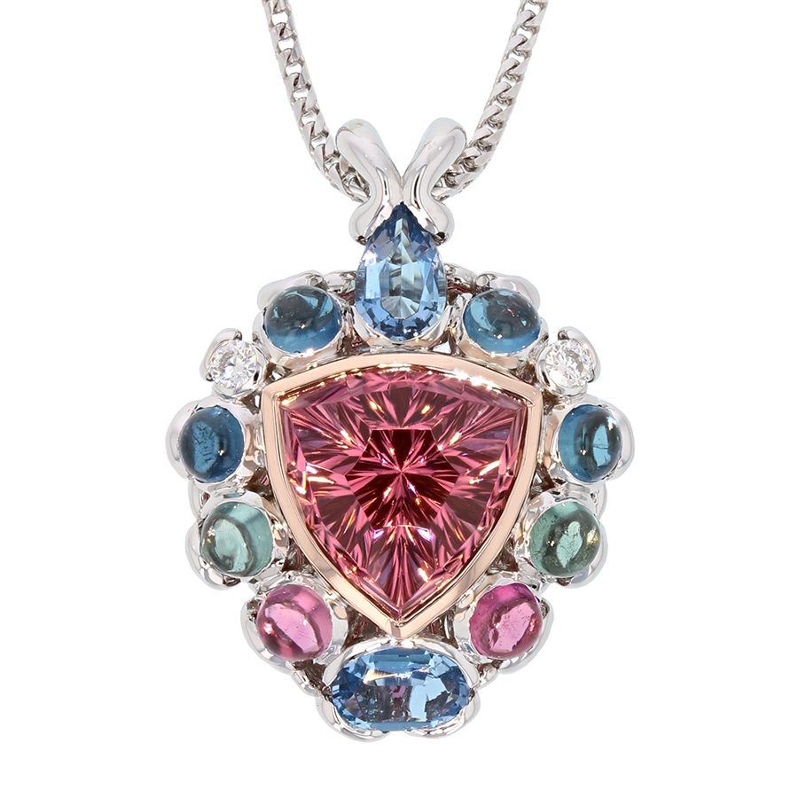 Multi-Color Tourmalines and Aquamarines in White Gold Pendant